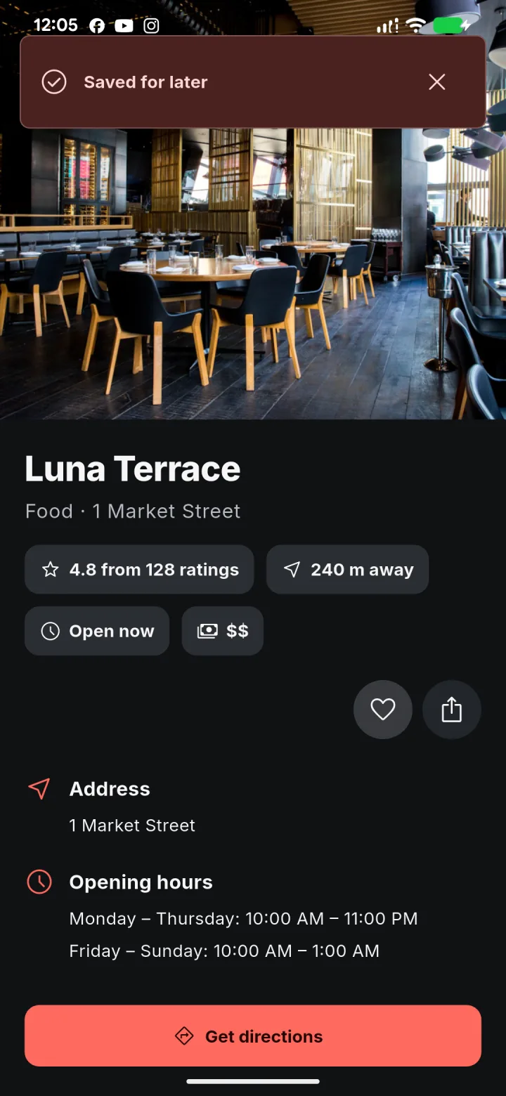 Place details screen showing photos, rating, distance, opening status, and directions