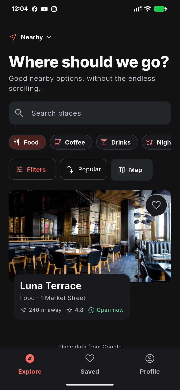 Explore screen showing nearby categories, filters, and an image-led restaurant result