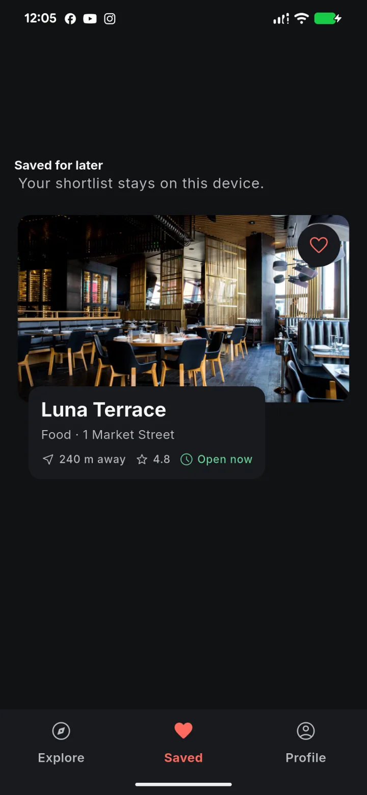Saved screen containing a short, focused list of selected restaurants