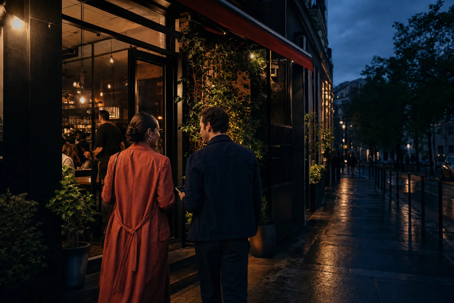 Two friends arriving at a warmly lit neighborhood restaurant at blue hour